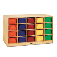 Jonti-Craft Double-Sided 40 Cubbie-Tray Island Classroom Storage Unit with Colored Trays (example of use)