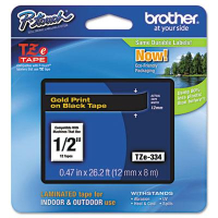 Brother P-Touch TZE334 TZe Series 1/2" x 26.2 ft. Standard Labeling Tape, Gold on Black