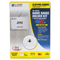 C-Line 3-1/2" x 2-1/4" Top Load Clip & Pin Badge Holder Kits, White, 50/Box