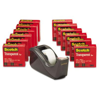 Scotch Premium Transparent Tape with Dispenser, Black, 12-Pack, 1" Core