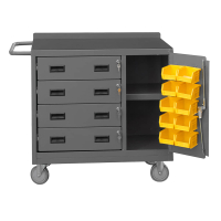 Durham Steel 2-Shelf Mobile Bench Cabinet with 10 Yellow Hook-On-Bins, 1 Side Door and 4 Drawers