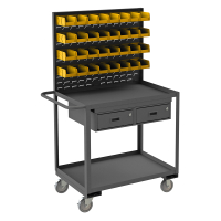 Durham Steel 24" W x 36" D 2-Shelves Stock Cart/Workstation with Louvered Panel, 32 Yellow Bins and Locking Drawers, 1200 lbs. Capacity