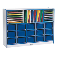 Jonti-Craft Rainbow Accents Sectional Mobile Cubbie Classroom Storage with Trays (in navy, example of use)