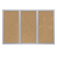 Ghent 72" x 36" 3-Door Satin Aluminum Frame Enclosed Bulletin Board, Natural Cork