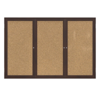 Ghent 72" x 48" 3-Door Wood Frame Walnut Finish Enclosed Bulletin Board, Natural Cork