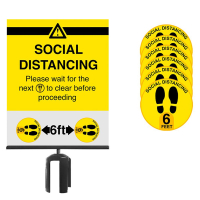 Queue Solutions Social Distancing Sign, Sign Holder, and Decals Bundle