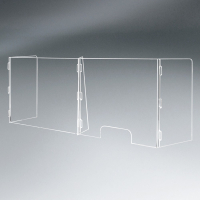 Pacesetter 65" W x 23.5" H Freestanding 2-Panel Clear Acrylic Plexiglass Sneeze Guard with Pass-Through (1 Pass-Through Shown)