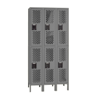 Tennsco Ventilated Assembled Double Tier 3-Wide Metal Lockers with Legs (Shown in Medium Grey)