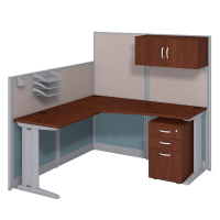 BBF Office-in-an-Hour 65" W L-Shaped Workstation with Storage (Shown in Hansen Cherry)