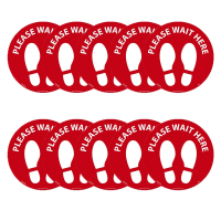 National Marker 8" Round Temp-Step Vinyl Please Wait Here Floor Decal, Pack of 10, White on Red