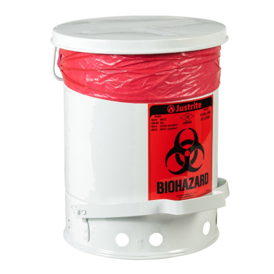 Justrite 6 Gallon Biohazard Waste Safety Can, Foot-Operated, White