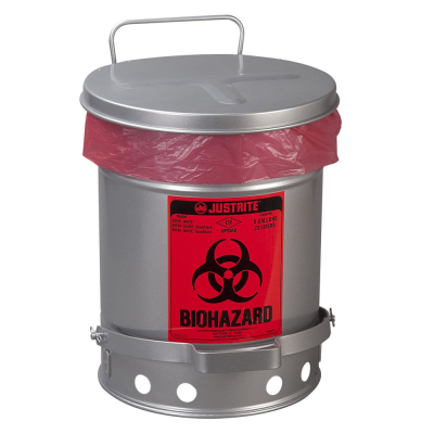 Justrite 05914 Foot-Operated Soundgard 6 Gallon Biohazard Waste Safety Can, Silver