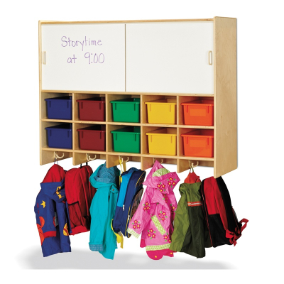 Jonti-Craft 10-Section Wall Mount Cubbie Coat Locker with Storage, Colored Trays