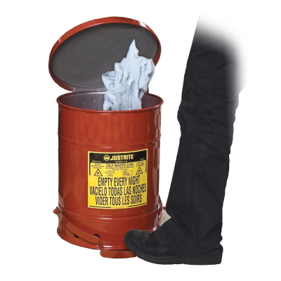 Justrite 09108 Foot-Operated Self-Closing Soundgard Cover 6 Gallon Oily Waste Safety Can, Red