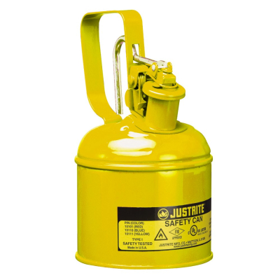 Justrite 10111 Type I 1 Quart Trigger Handle Steel Safety Can, Yellow