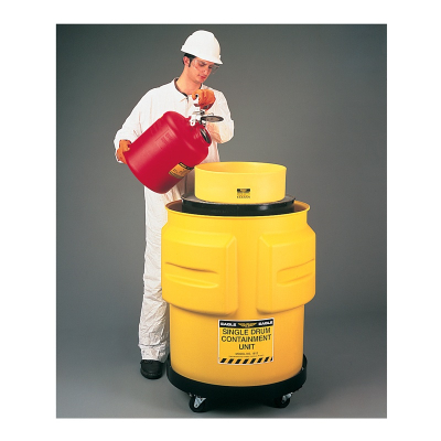 Eagle 1612 1-Drum 31" Dia x 33" H Spill Containment Unit, Yellow (Shown with separate dolly, safety can, and overpack)