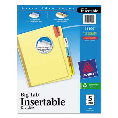 Avery WorkSaver Big Mulitcolor 5-Tab 8-1/2" x 11" Insertable Dividers, Buff, 1 Set
