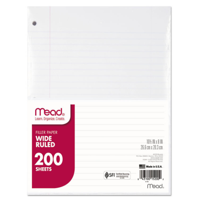 Mead 8" x 10-1/2", 200-Sheets, Wide Rule Economical Filler Paper