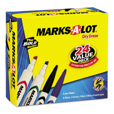 Marks-A-Lot Desk/Pen Dry Erase Marker, Chisel Tip, Assorted, 24-Pack