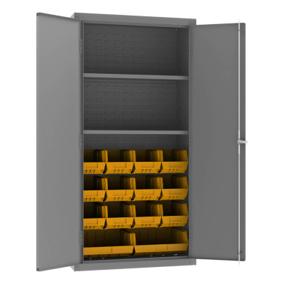 Durham Steel 36" W x 18" D x 72" H 2-Shelf Bin Storage Cabinet, 14 Hook-On Bins Shown in Yellow