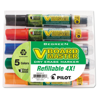 Pilot BeGreen Dry Erase Marker, Chisel Tip, Assorted, 5-Pack