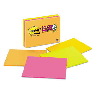 Post-It 8" x 6", 4 45-Sheet Pads, Rio de Janeiro Color Super Sticky Meeting Notes