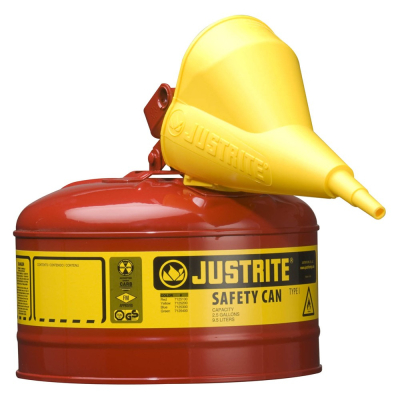 Justrite Type I 2.5 Gallon Self-Closing Lid Steel Safety Can with Funnel (Shown in Red)