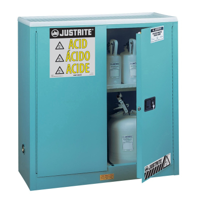 Just-Rite Sure-Grip EX 893022 Self Close Two Door Corrosives Acids Steel Safety Cabinet, 30 Gallons, Blue (manual closing shown)