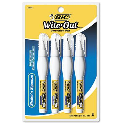 BIC Wite-Out Shake 'n Squeeze Correction Pen, 8 ml, White, 4-Pack