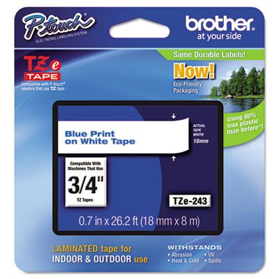 Brother P-Touch TZE243 TZe Series 3/4" x 26.2 ft. Standard Labeling Tape, Blue on White