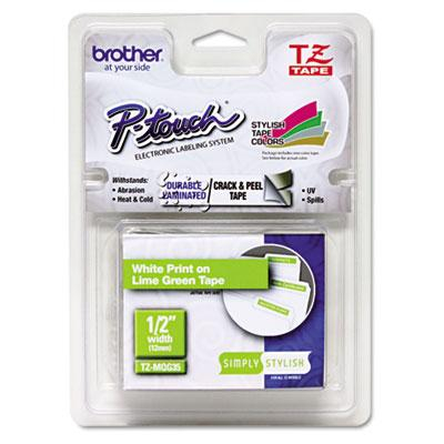Brother P-Touch TZEMQG35 TZe Series 1/2" x 16.4 ft. Standard Labeling Tape, White/Lime Green