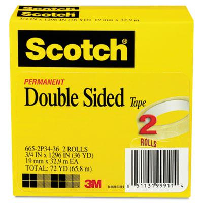 Scotch 3/4" x 36 yds Clear Double-Sided Tape, 3" Core, 2-Pack