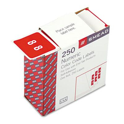 Smead 1-1/2" x 1-1/2" Number "8" Single Digit End Tab Labels, White-on-Red, 250/Roll