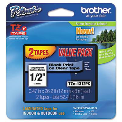 Brother P-Touch TZE1312PK TZe Series 1/2" x 26.2 ft. Standard Labeling Tape, Black on Clear, 2/Pack