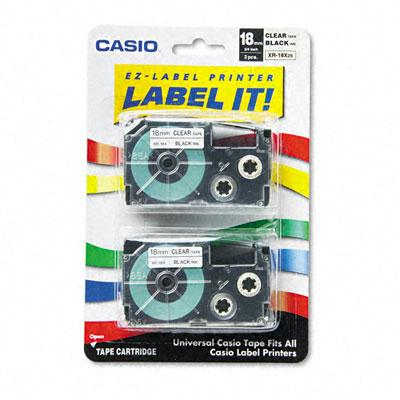 Casio KL XR18X2S 18 mm x 26 ft. Label Tape Cassette, Black on Clear, 2/Pack