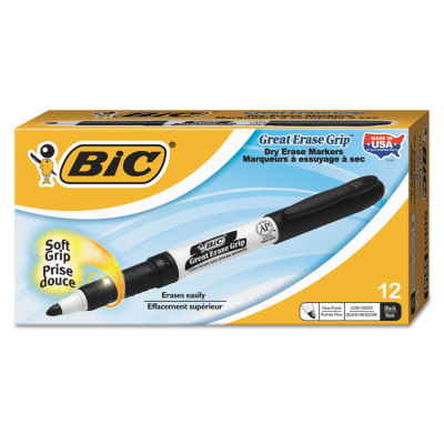 BIC Great Erase Grip Dry Erase Marker, Fine Point, Black, 12-Pack