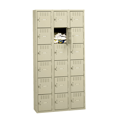 Tennsco Assembled-6-Tiered Box Locker- 3 Wide 15" W x 15" D x 12" H without Legs - Shown in Putty