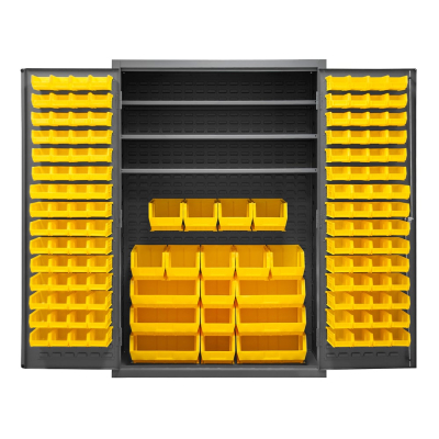 Durham Steel 3-Shelf Bin Storage Cabinet, 138 Hook-On Bins (Shown in Yellow)