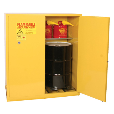 Eagle 5510 Self Close Two Door 2-Vertical Drum Safety Cabinet, 110 Gallons, Yellow (Example of Use)