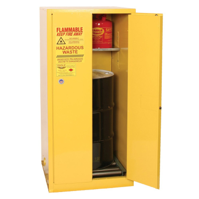 Eagle HAZ1926 Manual Two Door 1-Vertical Drum Hazardous Material Safety Cabinet, 55 Gallons, Yellow (Example of Use)