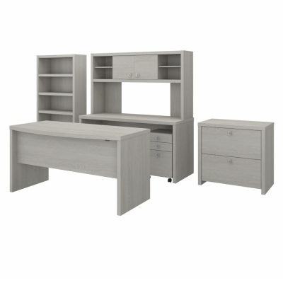 Bush Furniture 60" W Bow Front Desk with Credenza, Hutch and Storage (Shown in Light Grey)