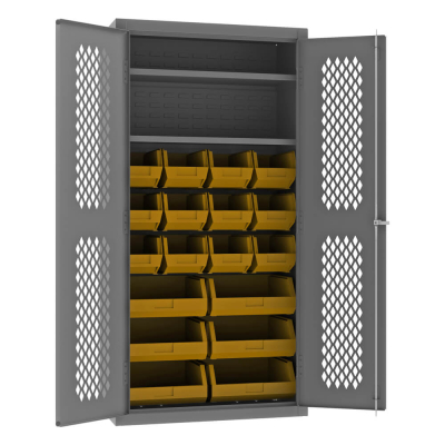 Durham Steel 36" W x 18" D x 72" H 2-Shelf Clearview Ventilated Bin Storage Cabinet, 18 Hook-On Bins Shown in Yellow