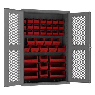 Durham Steel 48" W x 24" D x 72" H Ventilated Bin Storage Cabinet, 42 Hook-On Bins Shown in Red