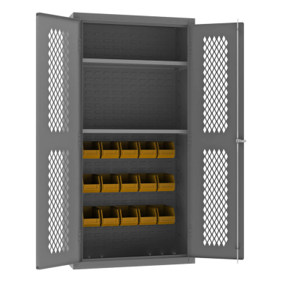 Durham Steel 36" W x 18" D x 72" H 2-Shelf Clearview Ventilated Bin Storage Cabinet, 15 Hook-On Bins Shown in Yellow