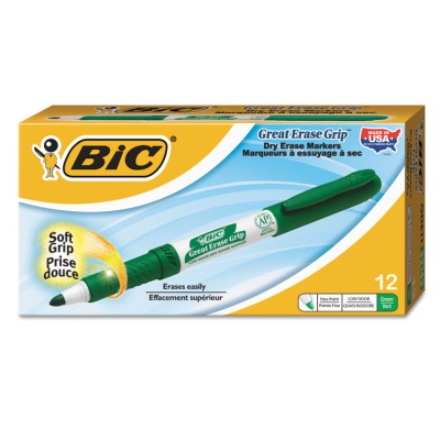 BIC Great Erase Grip Dry Erase Marker, Fine Point, Green, 12-Pack