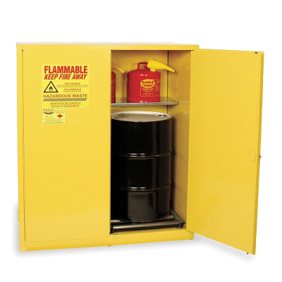 Eagle HAZ1955 Manual Two Door 2-Vertical Drums Hazardous Material Safety Cabinet, 110 Gallons, Yellow (Example of Use)