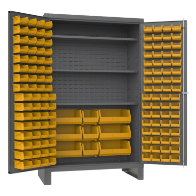 Durham Steel 48" W x 24" D x 78" H 3-Shelf Bin Storage Cabinet with Legs, 137 Hook-On Bins Shown in Yellow