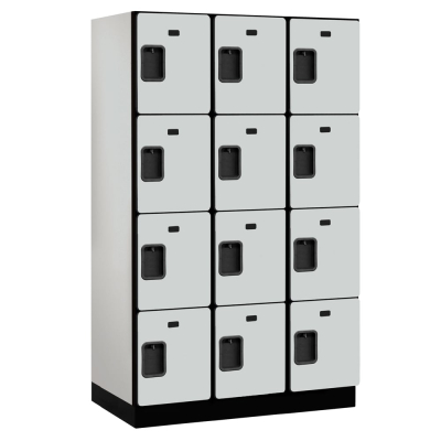 Salsbury 24000 Series 15" Wide x 6' High Four Tier, 3 Wide Designer Wood Lockers Shown in Grey. Side Panel Sold Separately