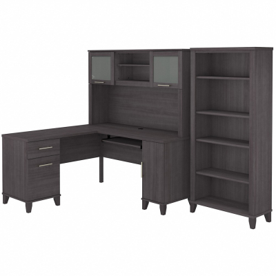 Bush Furniture Somerset 60" W L-Shaped Office Desk Set with Hutch and Bookcase (Shown in Dark Grey)