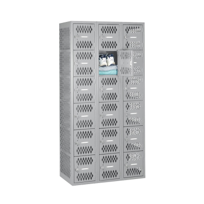 Tennsco Ventilated Assembled 6-Tiered Box Locker 3 Wide Unit-36" W x 18" D x 72" H without Legs - Shown in Light Grey